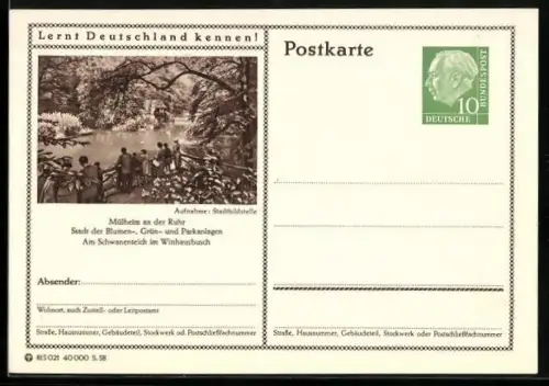 AK Mülheim an der Ruhr, Am Schwanenteich, Ganzsache Lernt Deutschland kennen