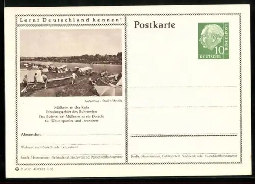 AK Mülheim an der Ruhr, Zeltplatz am Wasser, Ganzsache Lernt Deutschland kennen