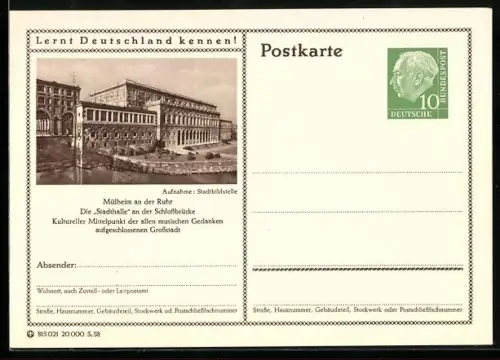 AK Mülheim an der Ruhr, Die Stadthalle an der Schlossbrücke, Ganzsache