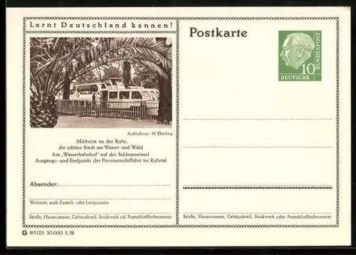 AK Mülheim a. d. Ruhr, Am Wasserbahnhof auf der Schleuseninsel, Ganzsache Lernt Deutschland kennen