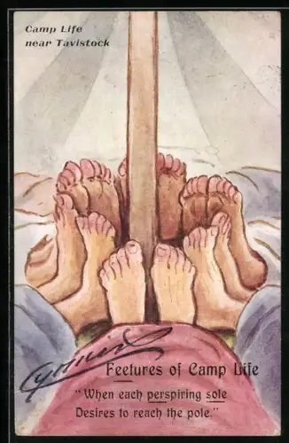 Künstler-AK Cynicus: Sechs Personen schlafen in einem Zelt Fuss and Fuss