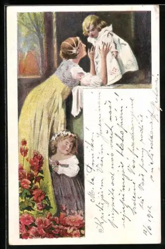 Künstler-AK Adolf Karpellus: Frau steht mit ihren zwei Kindern in einem Garten