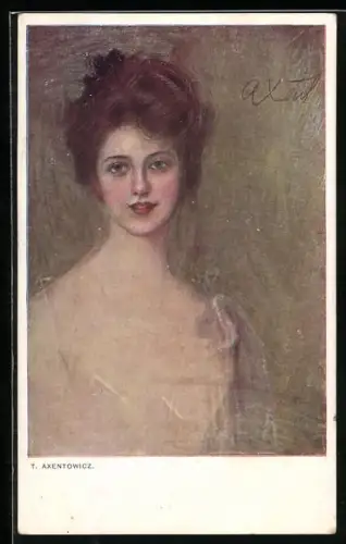 Künstler-AK Teodor Axentowicz: Portrait einer lächelnden, sehr hübschen Dame mit hochgestecktem Haar