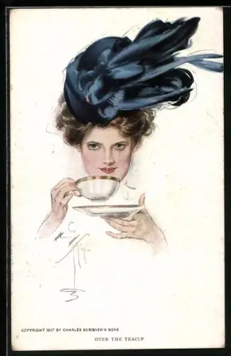 Künstler-AK Harrison Fisher: Over the teacup, junge Dame mit Tee