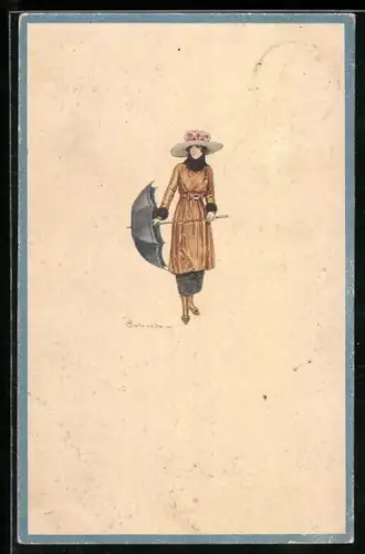 Künstler-AK E. Colombo: Elegante Dame mit Regenschirm