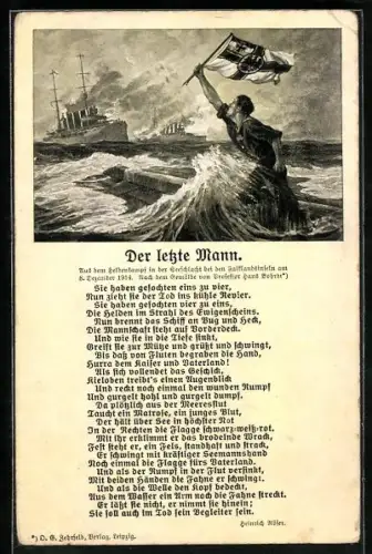 Künstler-AK Hans Bohrdt: Der letzte Mann, Seeschlacht bei den Falklandsinseln am 8. Dezember 1914, Kriegsschiffe
