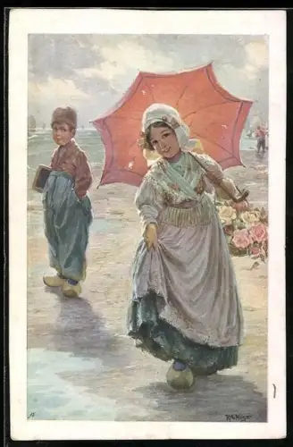 Künstler-AK Rudolf Alfred Höger: Lächelndes Mädchen mit Regenschirm am Strand, hinter ihr ein Junge