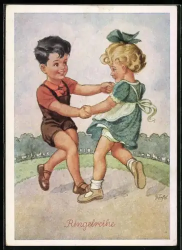 Künstler-AK Dörfel: Mädchen und Junge tanzen in einem Park