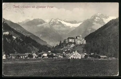 AK Sand i. Taufers, Teilansicht mit Burg Taufers und Zillertaler Ferner