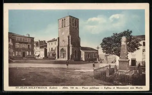 AK St-Jean-Soleymieux, Place publique, Eglise et Monument aux Morts