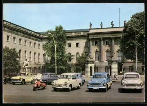 AK Berlin, Humboldt-Universität, Automobil Trabant und Wartburg