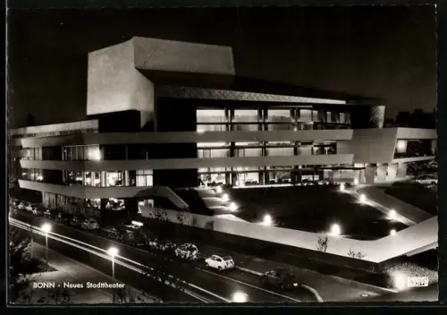 AK Bonn, Neues Stadttheater am Abend aus der Vogelschau