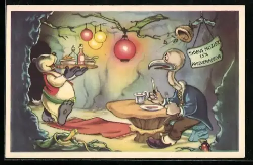 Künstler-AK Comic, ein Vogel bekommt sein Essen serviert