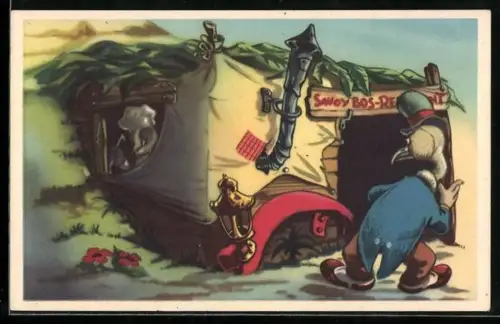 Künstler-AK Comic, Doremias Das, die provisorische Hütte