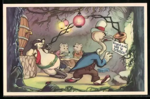 AK Comic Doremias Das, Dachs erinnert seinen Gast ans Bezahlen