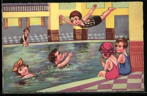 AK Im Hallenschwimmbad, Mädchen kurz vor dem Sprung ins Wasser