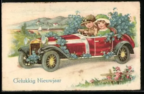 AK Kleines Paar im Auto mit Blumen, Neujahrsgruss