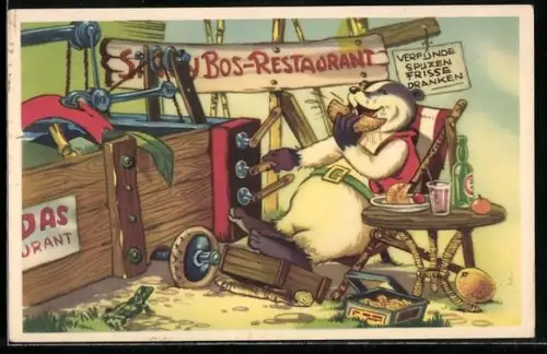 Künstler-AK Comic, Saoy Bos-Restaurant, beim Essen