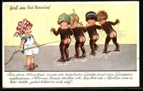 AK Bad Nenndorf, Kinder im Moorbad mit Wasserschlauch