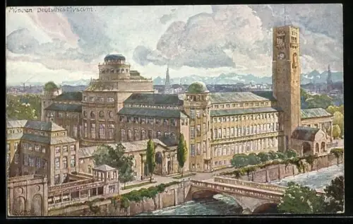 Künstler-AK München, Blick auf deutsches Museum und Isar