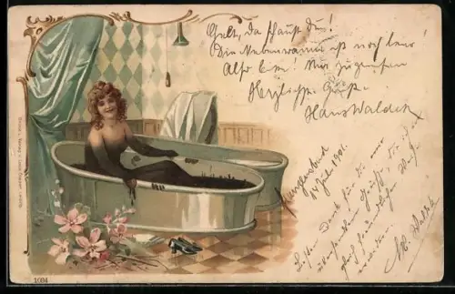 Lithographie Junge Frau bei einem Moorbad in der Wanne