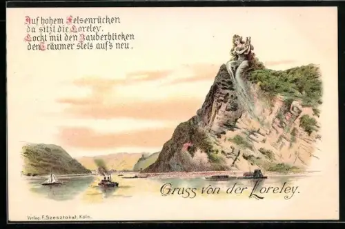 Lithographie Auf hohem Felsenrücken da sitzt die Loreley...
