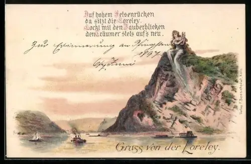 Lithographie Loreley, Schiffe fahren am Loreley-Felsen vorbei