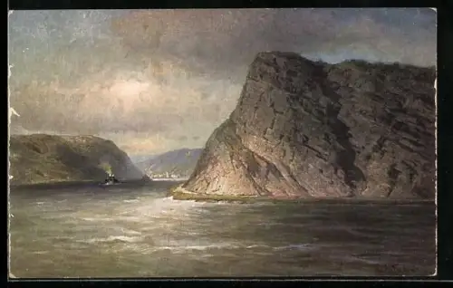 AK Loreleyfelsen im Abendlicht