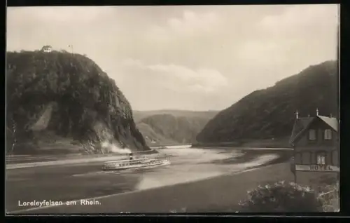 AK St. Goarshausen a. Rh., Loreleyfelsen, Rheinpartie mit Dampfer und Hotel