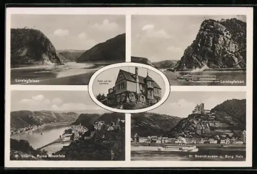 AK St. Goarshausen, Loreleyfelsen, Ruine Rheinfels, Burg Katz, Hotel auf der Loreley, Dampfer