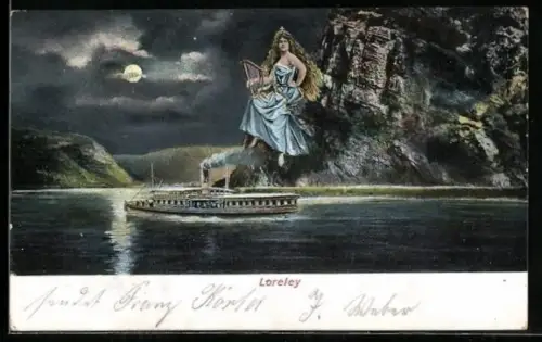 AK Loreley-Figur auf ihrem Felsen und ein Dampfer