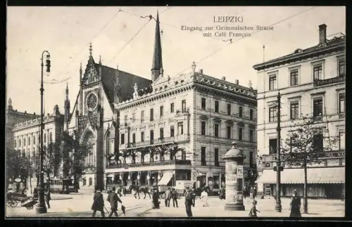 AK Leipzig, Eingang zur Grimmaischen Strasse mit Café Francais