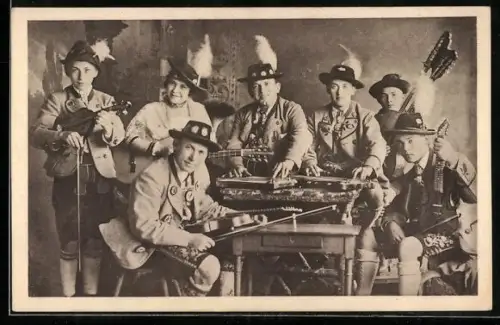 AK Münchener Wandertheater mit Musikintstrumenten