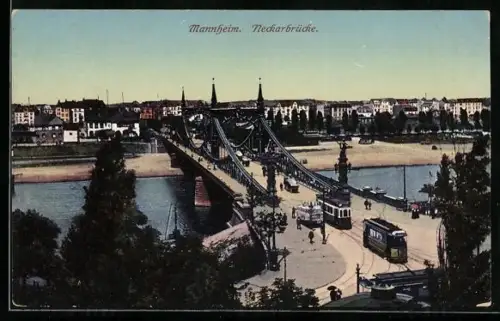 AK Mannheim, Neckarbrücke mit Strassenbahnen