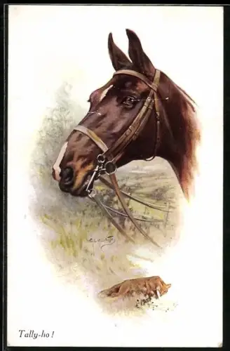 Künstler-AK Tally-ho!, Pferd und Fuchs