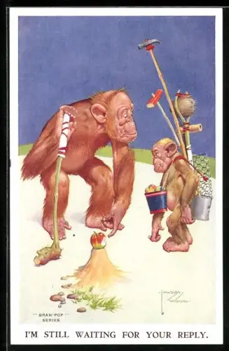 Künstler-AK Lawson Wood: I`m still waiting for your Reply, Affen spielen Golf mit Apfel