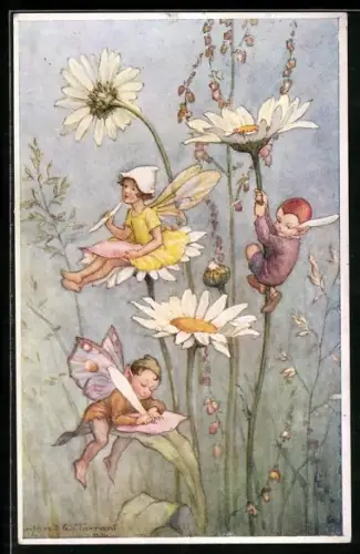 Künstler-AK Margaret W. Tarrant: Schmetterlingswesen tummeln sich zwischen Blumenblüten