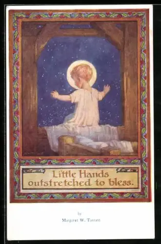 Künstler-AK Margaret W. Tarrant: Junge mit Heiligenschein hebt segnend die Hände in den nächtlichen Himmel