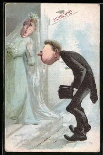 AK Pärchen im Standesamt kurz vor ihrer Hochzeit, Braut in grünem Kleid, Bräutigam im Frack m. Zylinder