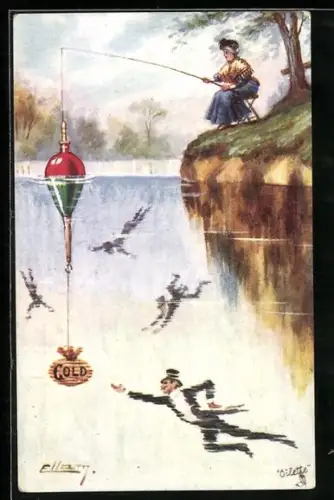 Künstler-AK sign. Ellam: Frau versucht mit Geld Ehemann zu Angeln