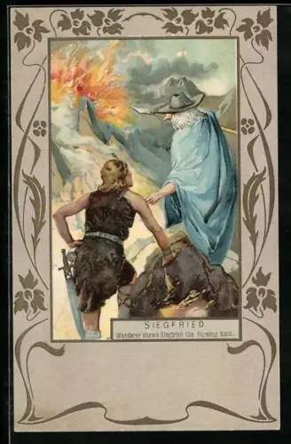 AK Nibelungen, Siegfried, Wanderer zeigt Siegfried den brennenden Fels, Jugendstil