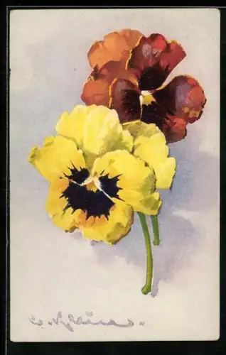 Künstler-AK Catharina Klein: Rotes und gelbes Stiefmütterchen