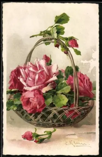 Künstler-AK Catharina Klein: Korb mit rosa und roten Rosenblüten