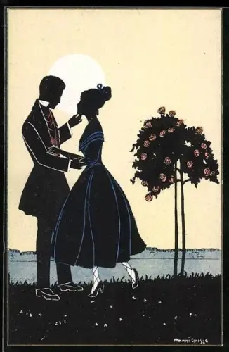 Künstler-AK Manni Grosze: Liebespaar vor einem Rosenstrauch