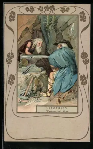 AK Nibelungen, Siegfried, Wanderer und Mime, Jugendstil