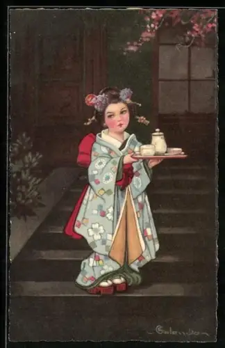 Künstler-AK E. Colombo: kleine Geisha serviert Tee