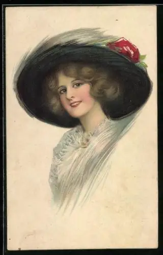 AK A Happy Smile, Frauenporträt mit grossem Hut