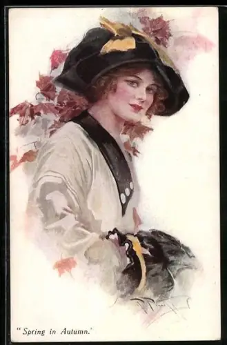 Künstler-AK Spring in Autumn, Frühling im Herbst, Mädchen mit Hut vor Herbstlaub