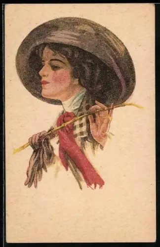 Künstler-AK Harrison Fisher: Following the race, Frau mit grossem schwarzen Hut, rotem Halstuch und Zweig