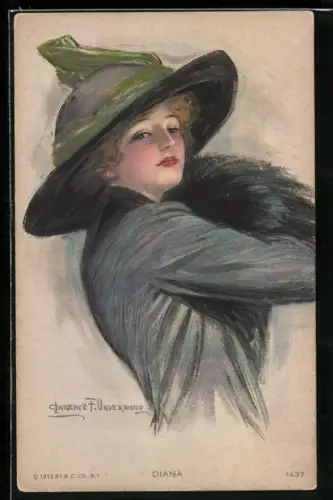 Künstler-AK Clarence F.Underwood: Diana, junge Dame mit weitem Hut und Pelzstola